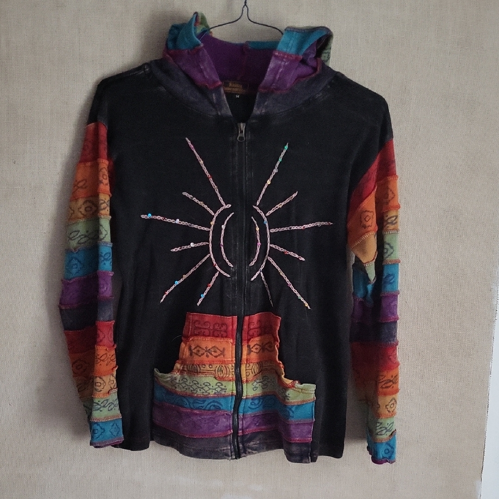 Rising International Rainbow Multicolored Sun Design Sweatshirt Zip UP Hoodie